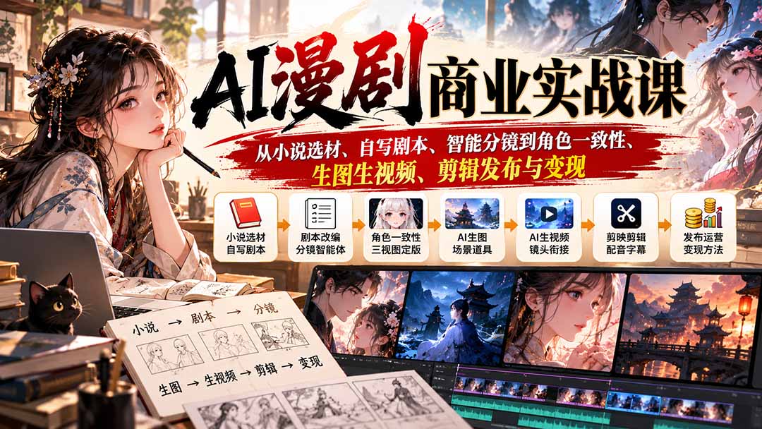 AI漫剧商业实战课:从小说选材、自写剧本、智能分镜到角色一致性、生图生视频、剪辑发布与变现-独家科技资源网