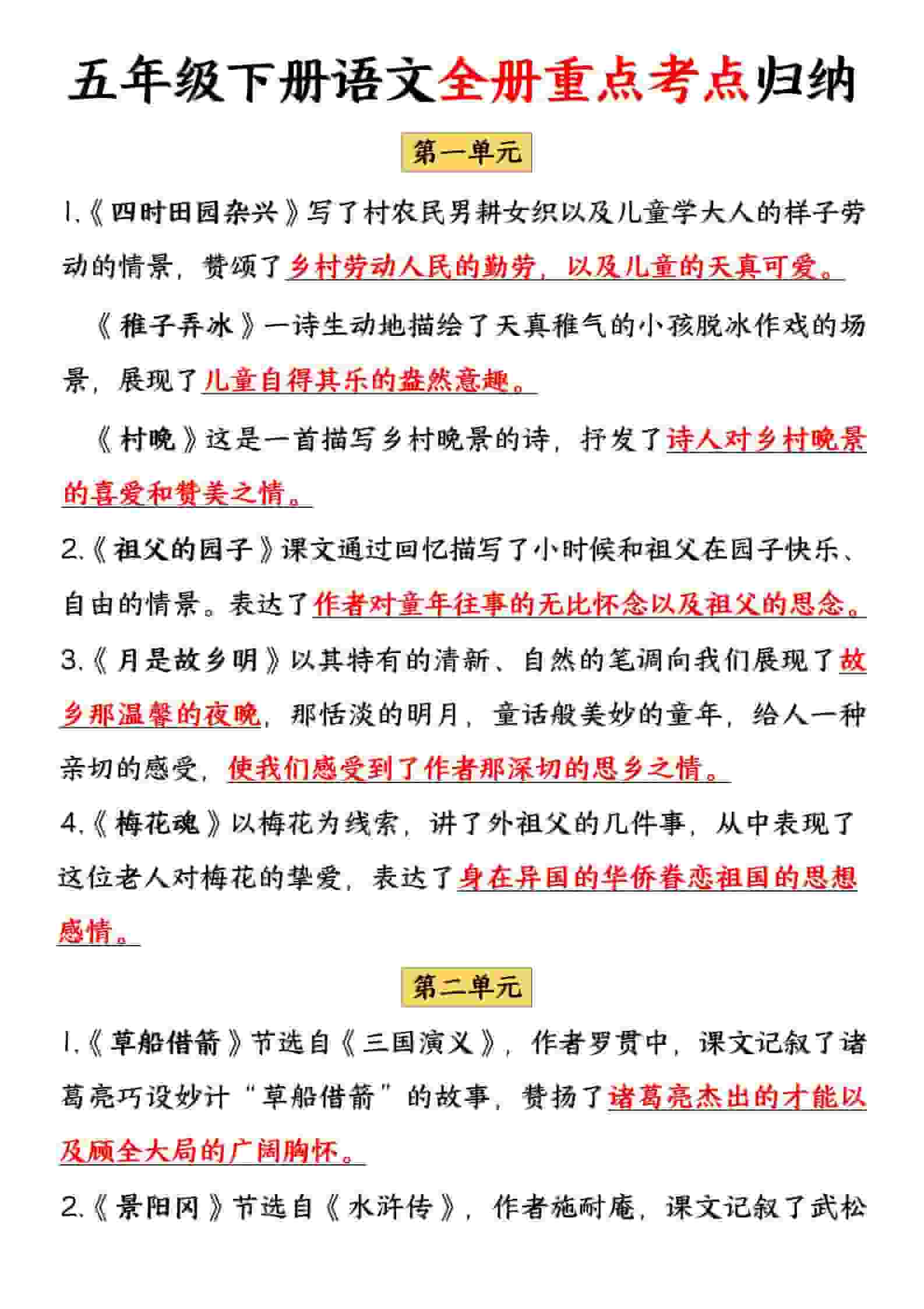 五年级下语文全册重点考点归纳-独家科技资源网