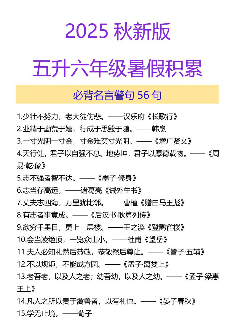 【2025秋新版】五升六年级暑假积累必背名言警句56句-六上语文-独家科技资源网