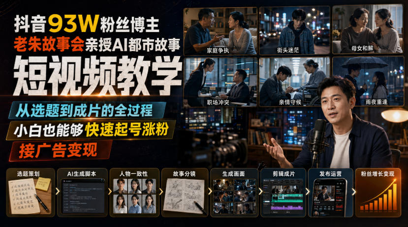 抖音93W粉丝博主老朱故事会亲授AI都市故事短视频教学,从选题到成片的全过程,小白也能够快速起号涨粉接广告变现-独家科技资源网