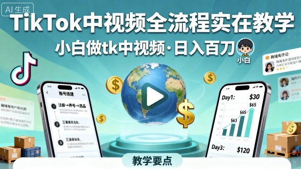 TikTok中视频全流程实操教学，小白做tk中视频，日入百刀-独家科技资源网