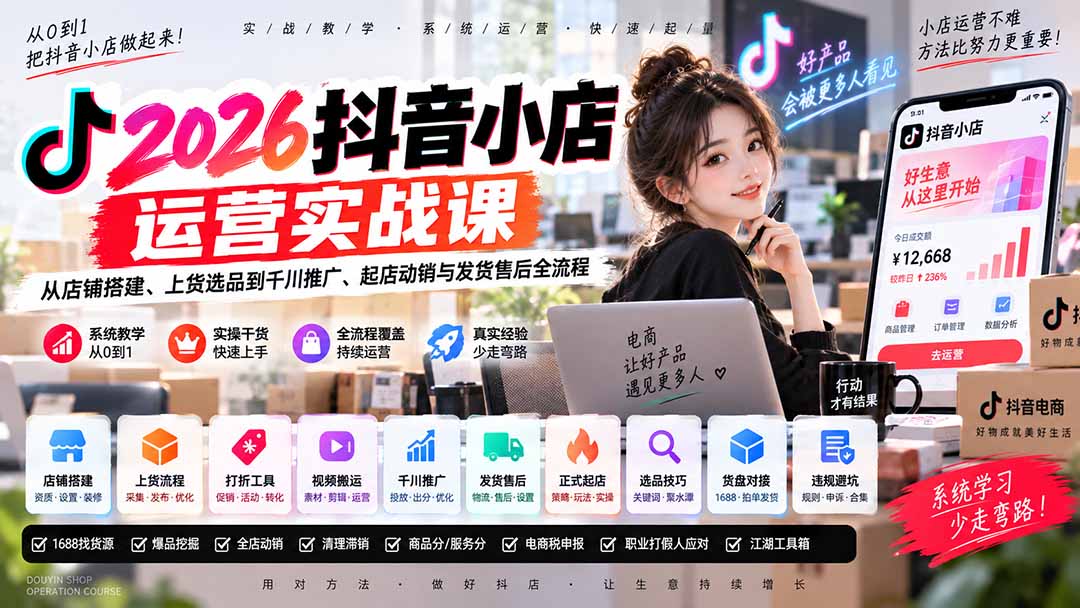 2026抖音小店运营实战课|从店铺搭建、上货选品到千川推广、起店动销与发货售后全流程-独家科技资源网