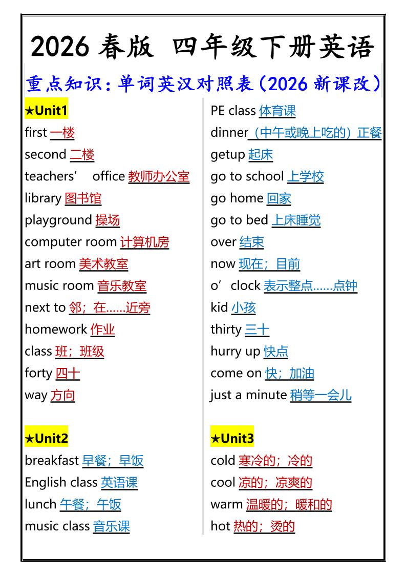 2026春新版四年级下英语重点知识：单词英汉对照表《人教版PEP》-独家科技资源网