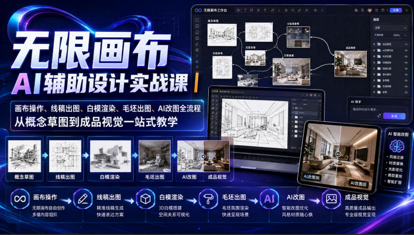 无限画布AI辅助设计实战课|画布操作、线稿出图、白模渲染、毛坯出图、AI改图全流程,从概念草图到成品视觉一站式教学-独家科技资源网