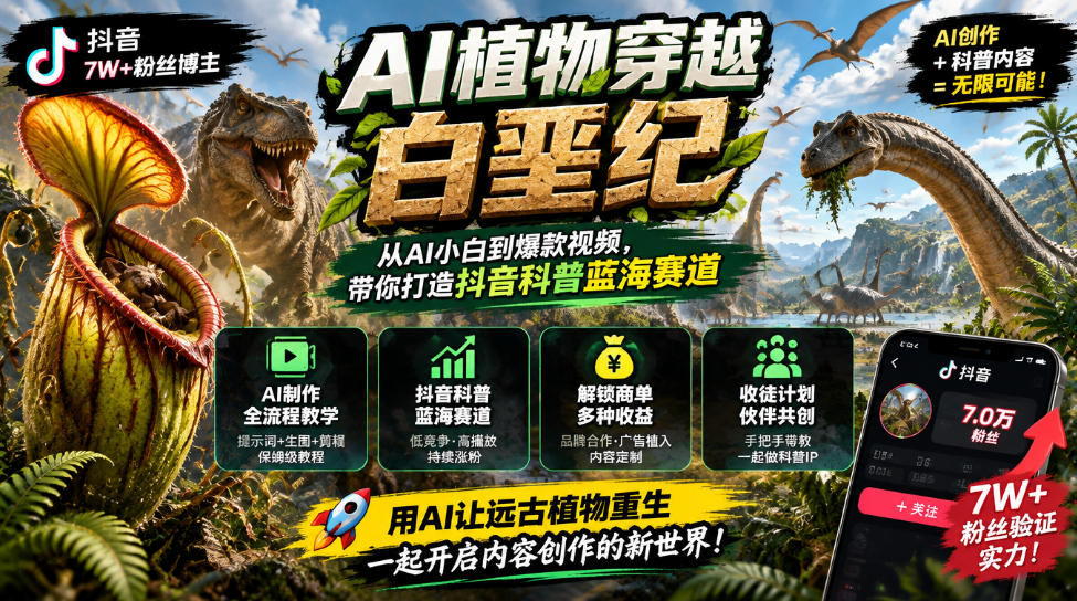 抖音7W粉丝博主的AI植物穿越白垩纪教学，抖音科普蓝海赛道，解锁商单收徒伙伴计划等多种收益-独家科技资源网