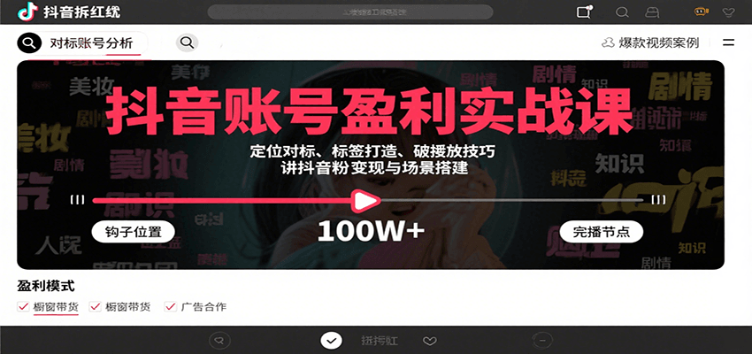 抖音账号盈利实战课，定位对标、标签打造、破播放技巧，讲涨粉变现与场景搭建-独家科技资源网