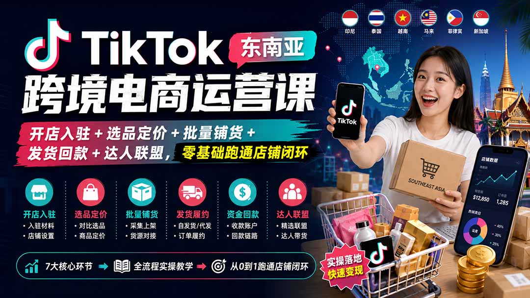 TikTok东南亚跨境电商运营课：开店入驻+选品定价+批量铺货+发货回款+达人联盟，零基础跑通店铺闭环-独家科技资源网