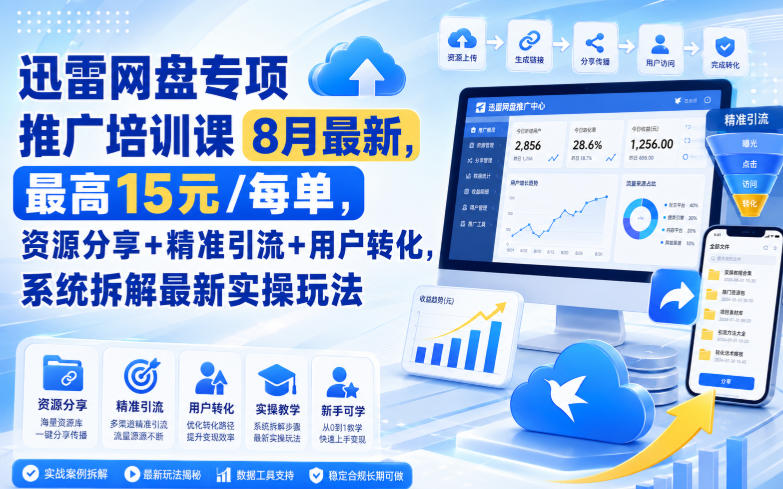 迅雷网盘专项推广培训课9月最新，最高15米/每单，资源分享+精准引流+用户转化，系统拆解最新实操玩法(更新0909)-独家科技资源网