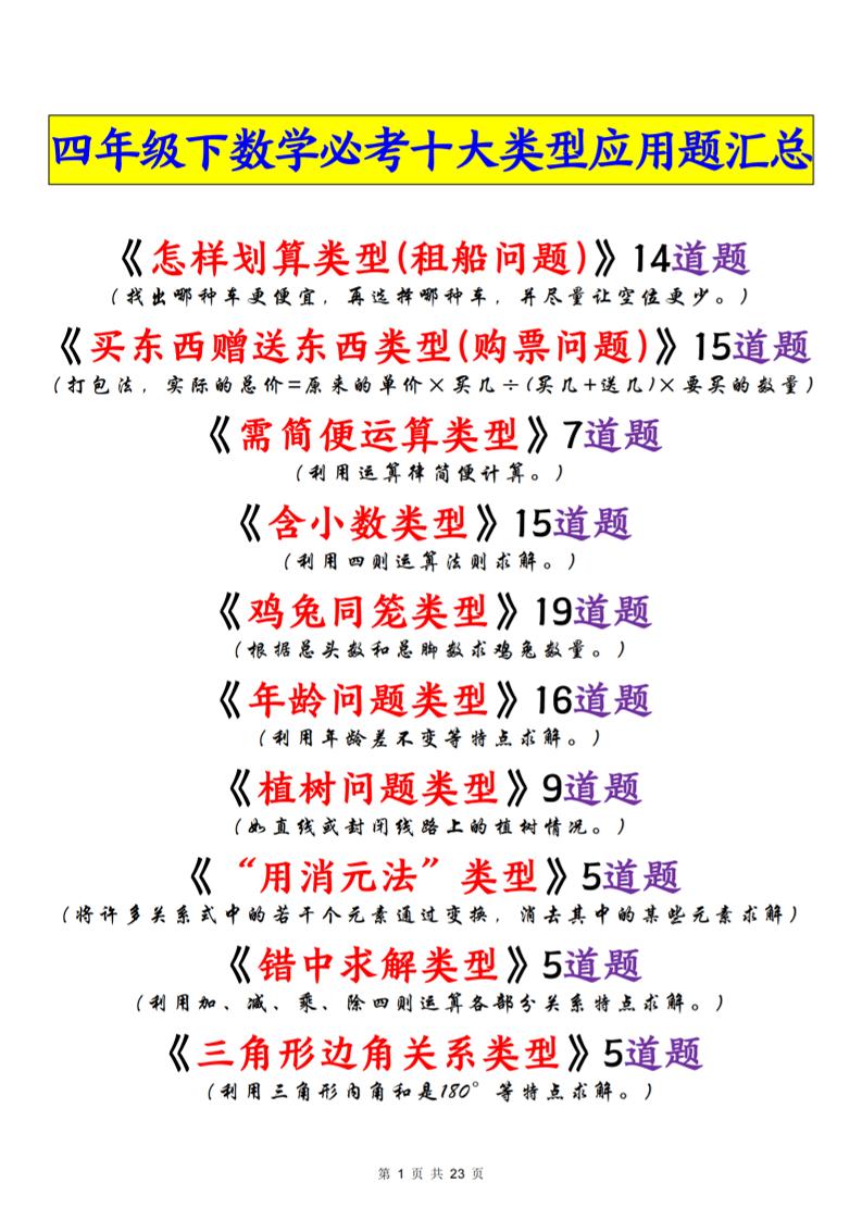 四年级下数学必考十大类型应用题汇总-独家科技资源网