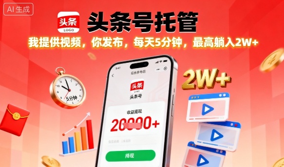 【头条号托管】我提供视频，你发布，每天5分钟，最高躺入2W+【揭秘】-独家科技资源网