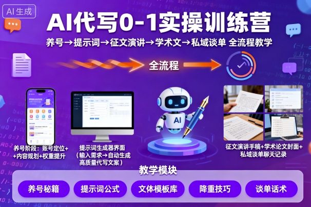 AI代写0-1实操训练营，从养号、提示词、征文演讲、学术文，到私域谈单的全流程教学-独家科技资源网