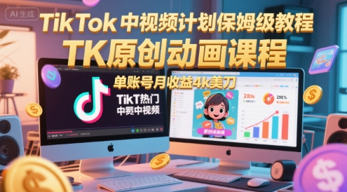 TikTok中视频计划保姆级教程，TK原创动画课程，单账号月收益4k美刀-独家科技资源网