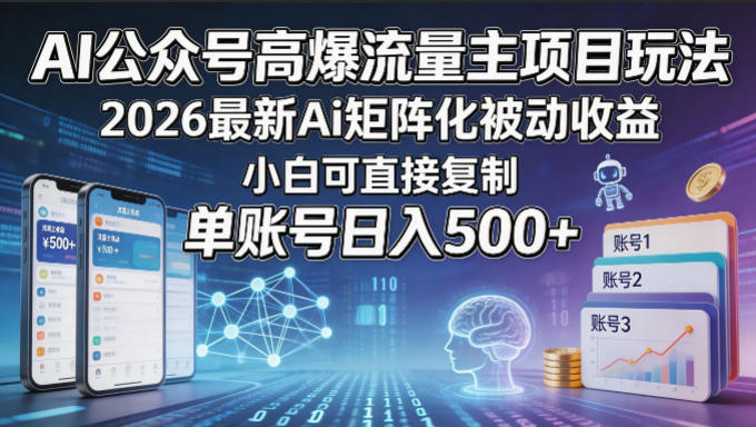 AI公众号高爆流量主项目玩法，2026最新Ai矩阵化被动收益，小白可直接复制，单账号日入500+-独家科技资源网