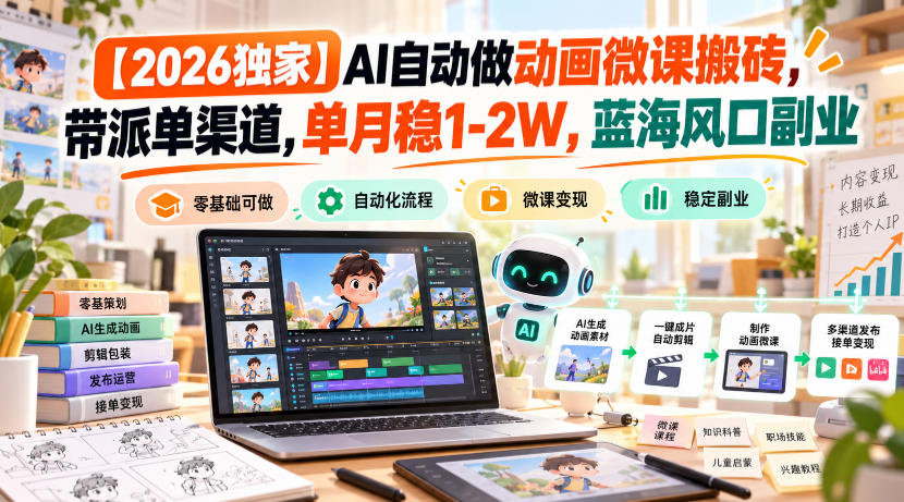 【2026独家】AI自动做动画微课搬砖，带派单渠道，单月稳1-2W，蓝海风口副业【揭秘】-独家科技资源网