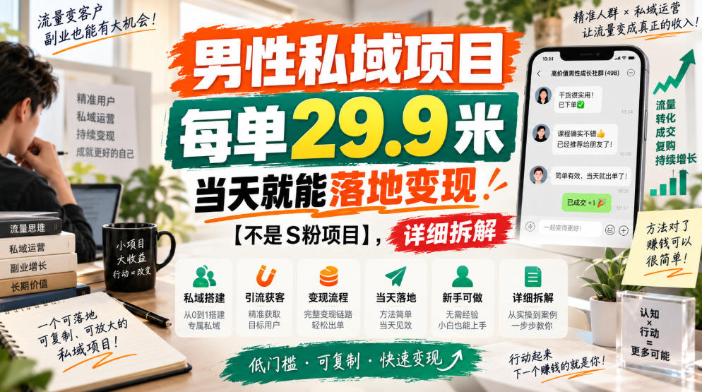 男性私域项目，每单29.9米，当天就能落地变现【不是S粉项目】，详细拆解-独家科技资源网