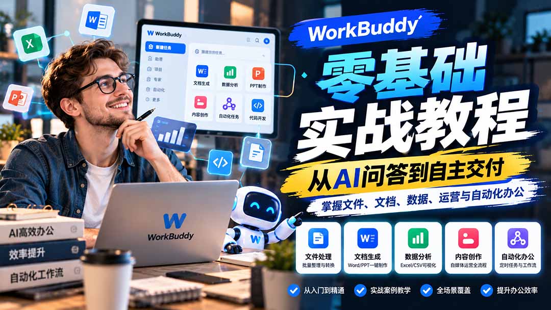 WorkBuddy零基础实战教程：从AI问答到自主交付，掌握文件、文档、数据、运营与自动化办公-独家科技资源网