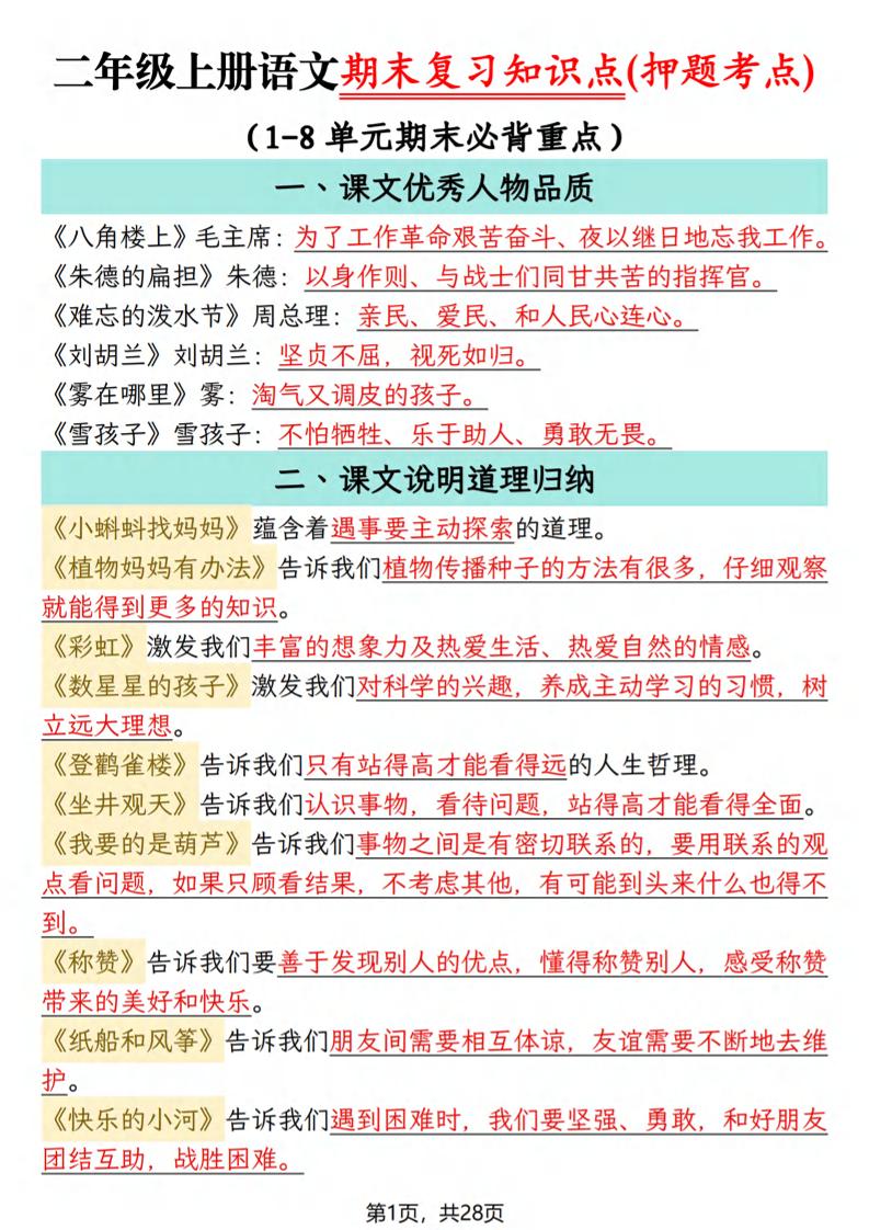 二年级上语文期末复习知识点(押题考点)-独家科技资源网