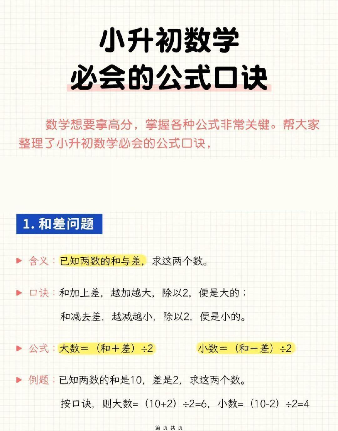 六年级下小升初数学必会的公式口诀-独家科技资源网