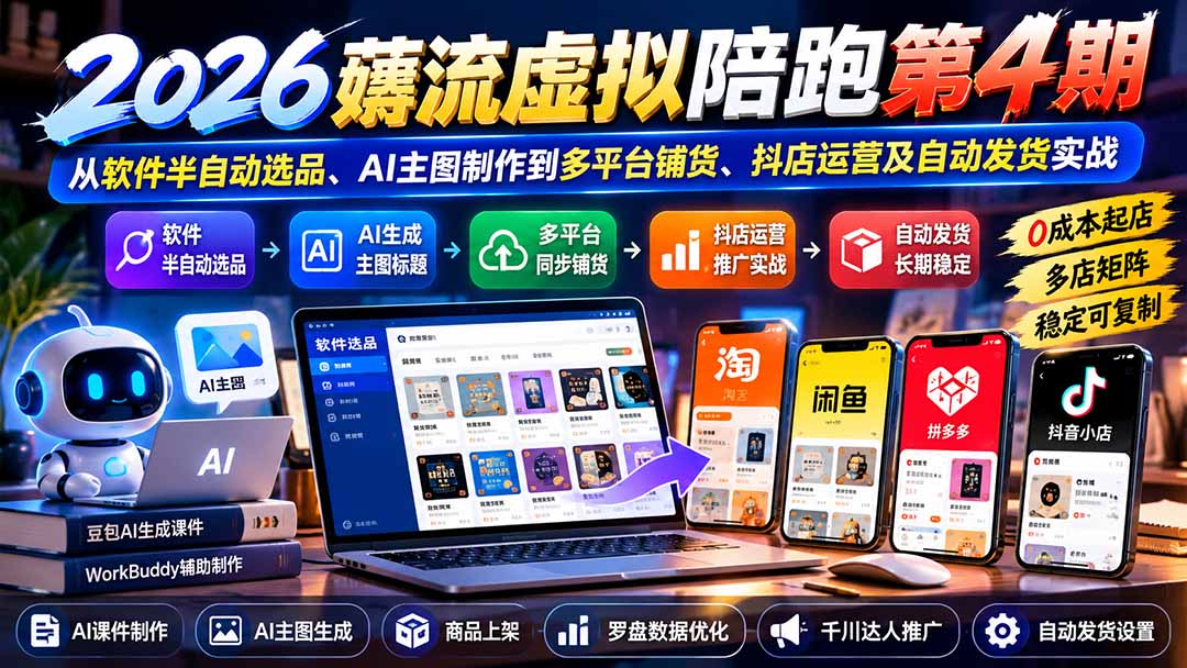 2026薅流虚拟陪跑第4期:从软件半自动选品、AI主图制作到多平台铺货、抖店运营及自动发货实战-独家科技资源网