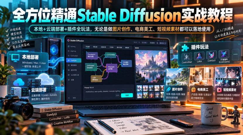 全方位精通Stable Diffusion实战教程｜本地+云端部署+插件全玩法，无论是做图片创作、电商美工、短视频素材都可以落地使用-独家科技资源网