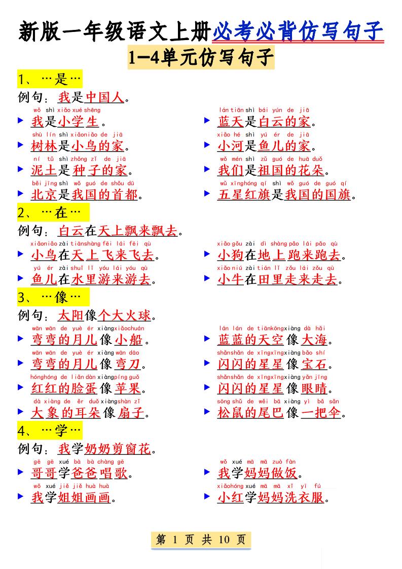 新一上语文必考必背仿写句子(含仿写练习10页)-独家科技资源网