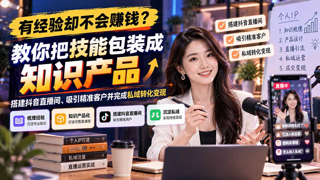 有经验却不会赚钱?教你把技能包装成知识产品,搭建抖音直播间、吸引精准客户并完成私域转化变现-独家科技资源网