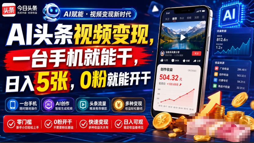 AI头条视频变现，一台手机就能干，日入5张，0粉就能开干-独家科技资源网