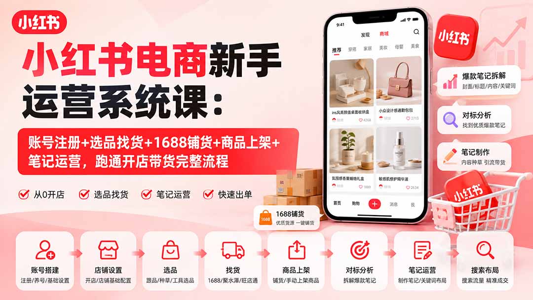 小红书电商新手运营系统课：账号注册+选品找货+1688铺货+商品上架+笔记运营，跑通开店带货完整流程-独家科技资源网