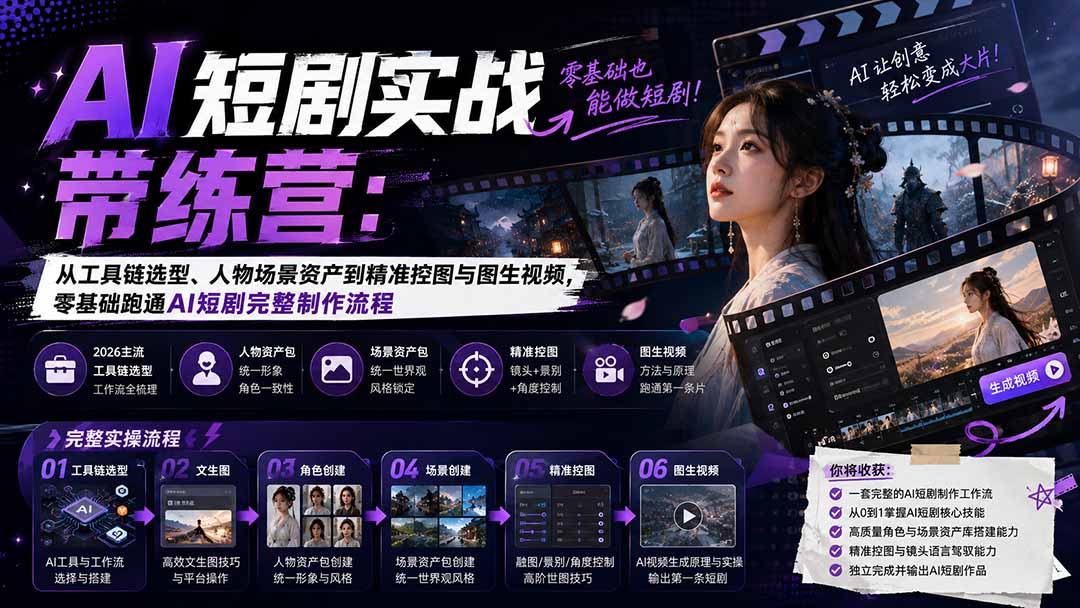 AI短剧实战训练营：从工具链选型、人物场景资产到精准控图与图生视频，零基础跑通AI短剧完整制作流程-独家科技资源网