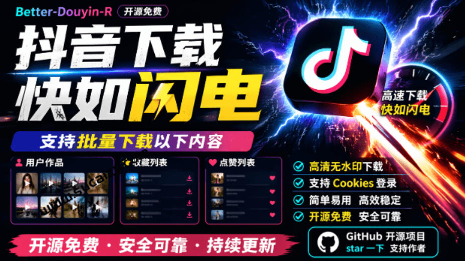 超级好用！抖音视频下载神器，支持批量下载用户作品收藏列表和点赞列表，开源完全免费Better-douyin-R-独家科技资源网