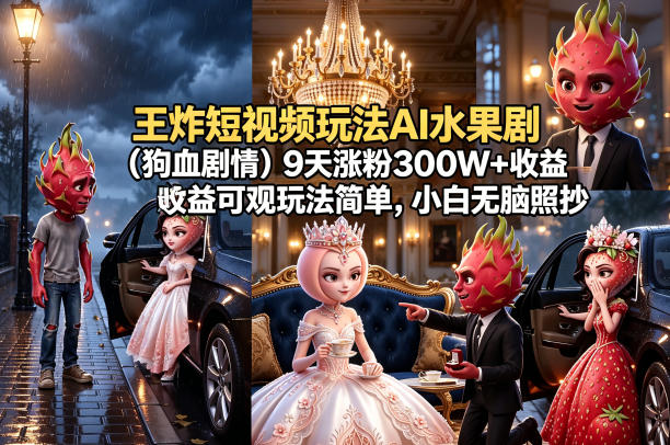 王炸短视频玩法AI水果剧(狗血剧情)9天涨粉300W+收益可观玩法简单，小白无脑照抄，详细拆解玩法-独家科技资源网