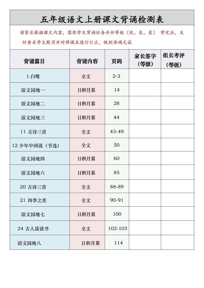 五年级语文上册课文背诵检测表-独家科技资源网