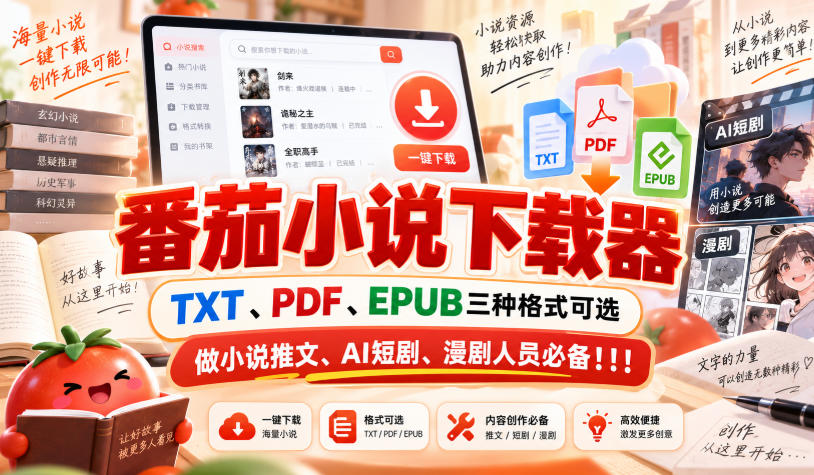 番茄小说下载器，TXT、PDF、EPUB三种格式可选，做小说推文、AI短剧、漫剧人员必备！！！-独家科技资源网