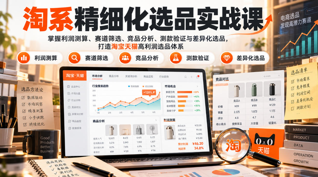 货架电商精细化选品实战课：掌握利润测算、赛道筛选、竞品分析、测款验证与差异化选品，打造淘宝天猫高利润选品体系-独家科技资源网
