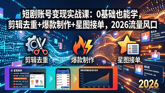 短剧账号变现实战课：0基础也能学，剪辑去重+爆款制作+星图接单，2026流量风口-独家科技资源网