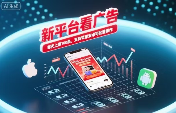 新台看广告,养好机一条5毛到5块,单机日入30到100,支持苹果安卓,可批量操作。-独家科技资源网
