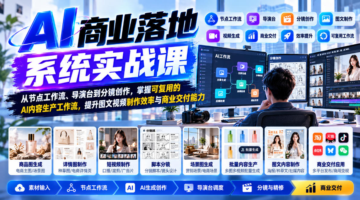 【无水印】AI商业落地系统实战课,从节点工作流、导演台到分镜创作,掌握可复用的AI内容生产工作流,提升图文视频制作效率与商业交付能力-独家科技资源网