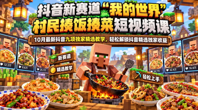 抖音新赛道“我的世界”村民揍饭揍菜短视频课，10月最新抖音九项独家精选教学，轻松解锁抖音精选独家收益-独家科技资源网