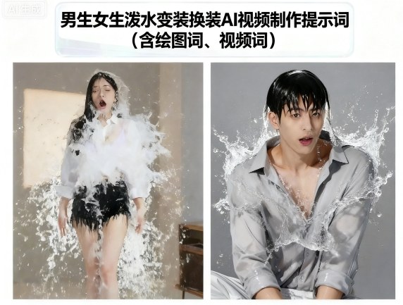 男生女生泼水变装换装AI视频制作提示词(含绘图词、视频词)-独家科技资源网
