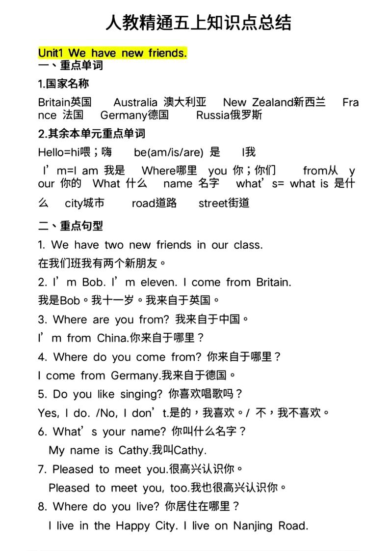 人教精通五上英语知识点总结-独家科技资源网