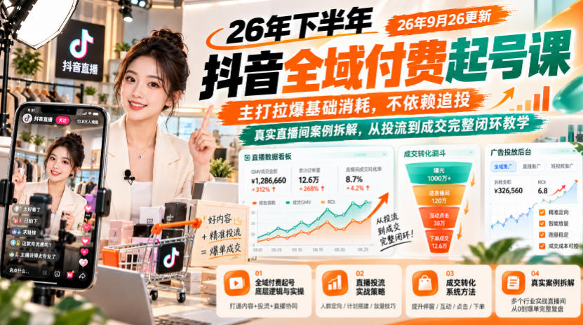 26年下半年抖音全域付费起号课,主打拉爆基础消耗,不依赖追投,真实直播间案例拆解,从投流到成交完整闭环教学(更新1019)-独家科技资源网