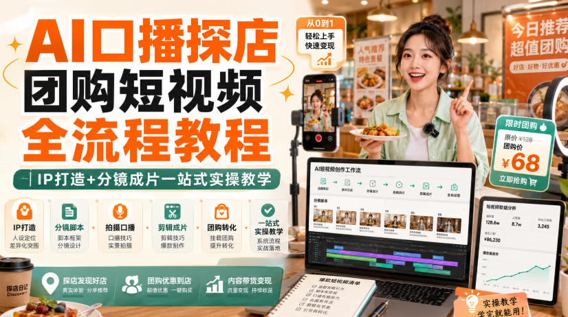AI口播探店团购短视频全流程教程｜IP打造+分镜成片一站式实操教学-独家科技资源网