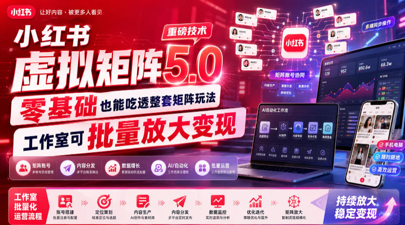 小红书虚拟矩阵5.0重磅技术,零基础也能吃透整套矩阵玩法,工作室可批量放大变现-独家科技资源网