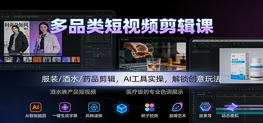 多品类短视频剪辑课：服装/酒水/药品剪辑，AI工具实操，解锁创意玩法-独家科技资源网