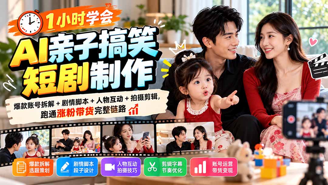 1小时学会AI亲子搞笑短剧制作:爆款账号拆解+剧情脚本+人物互动+拍摄剪辑,跑通涨粉带货完整链路-独家科技资源网