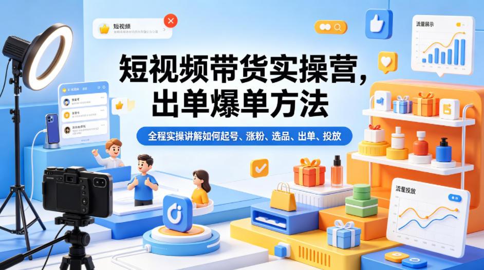 短视频带货实操营，出单爆单方法，全程实操讲解如何起号、涨粉、选品、出单、投放-独家科技资源网