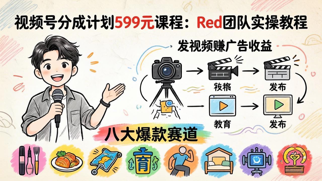 视频号分成计划599元课程：Red团队实操教程，发视频赚广告收益，八大爆款赛道全掌握-独家科技资源网