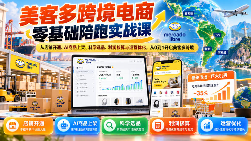 美客多跨境电商零基础陪跑实战课：从店铺开通、AI商品上架、科学选品、利润核算与运营优化，从0到1开启美客多跨境-独家科技资源网