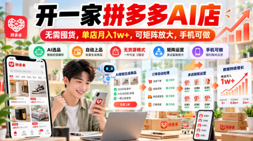 开一家拼多多AI店，无需囤货，单店月入1w+，可矩阵放大，手机可做【揭秘】-独家科技资源网