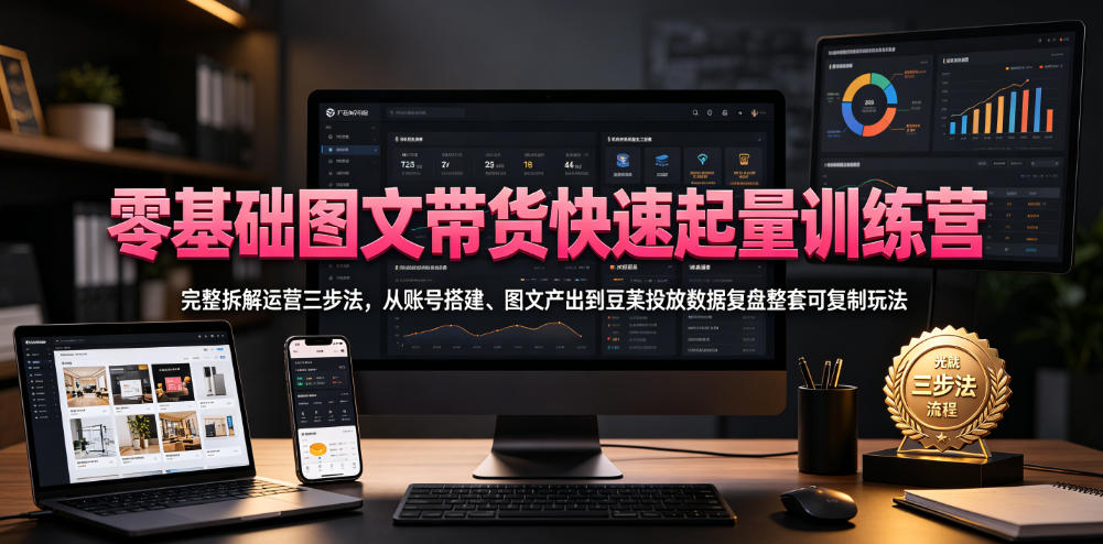 零基础图文带货快速起量训练营，完整拆解运营三步法，从账号搭建、图文产出到豆荚投放数据复盘整套可复制玩法-独家科技资源网